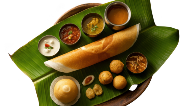 Delicious south indian masala dosa served with various chutneys and sambar isolated on transparent background