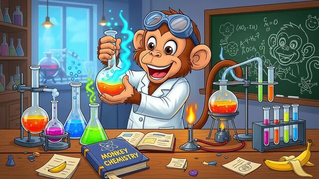 Animated Cartoon Monkey Scientist Conducts Vibrant Chemistry Experiment with Glowing Liquids in Whimsical Lab.