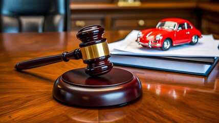 Judge wooden gavel and toy car on desk representing law and justice