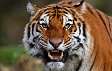 Naklejka premium A close-up of an angry tiger face looking at the camera