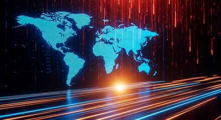 A glowing blue digital world map is superimposed over a dark background with vibrant streaks of light in orange and blue suggesting rapid data transmission and global networks