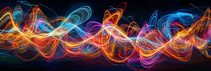 Vibrant Neon Light Trails Abstract on Dark Background glowing
