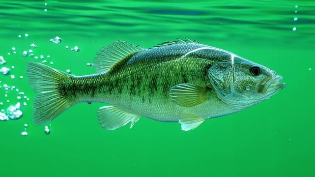 A large mouth bass swimming underwater with bubbles near it in a green water environment green screen animal video