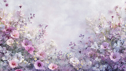 Obraz premium Whimsical Pastel Meadow with Pink and Purple Wildflowers and Greenery floral nature
