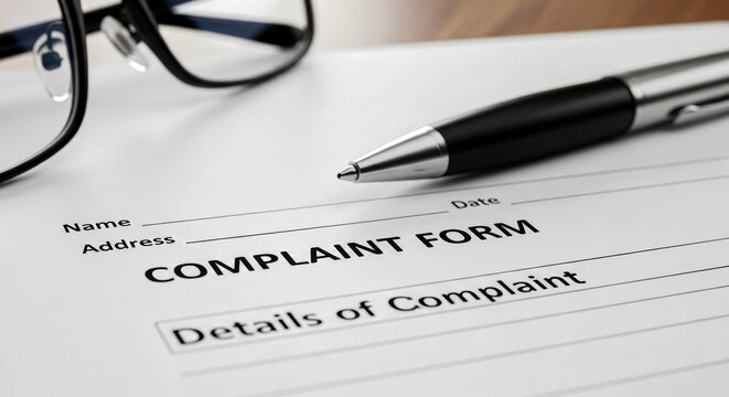 A detailed shot of a complaint form with fields for name address and complaint details alongside a sleek pen and eyeglasses suggesting a formal process