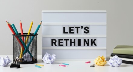 Conceptual workspace with 'Let's Rethink' lightbox display and creative accessories
