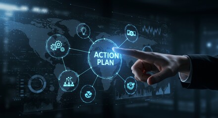 Strategic action plan concept depicted on digital touch screen interface