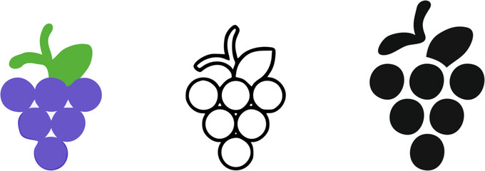 Three different styles of grape illustrations, including color, outline, and solid black versions.