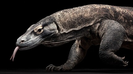 Obraz premium A Komodo dragon, its tongue extended, is shown in profile against a black background; its textured, gray-brown scales and powerful limbs are clearly visible