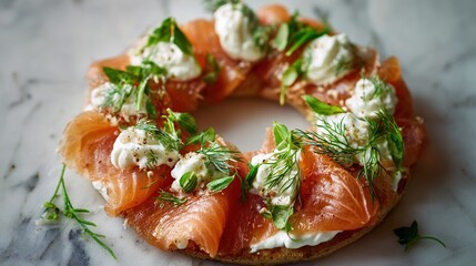 Close-up of a bagel topped with salmon, cream cheese, dill, basil, and microgreens, on marble