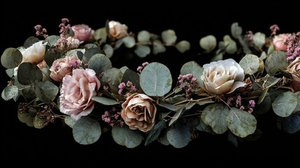 Floral crown with roses, greenery, and tiny purple flowers on a black background