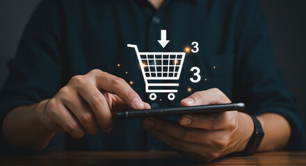 Online Shopping Convenience Man Using Smartphone to Add Items to Cart Promoting Digital Retail Experience and Mobile Commerce