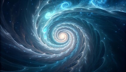 The image shows a swirling vortex of blue and white light with a bright center, resembling a