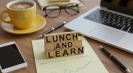 Engaging Lunch and Learn Session: Workspace with Coffee, Laptop, and Wooden Blocks