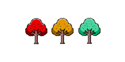Pixel Art Tree Set, Retro 8-Bit Style, Green Yellow and Red Variations, Video Game Nature Asset