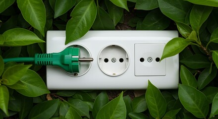 Sustainable energy solution with green plug and natural foliage symbolizing eco friendly power concept and responsible consumption for a cleaner future