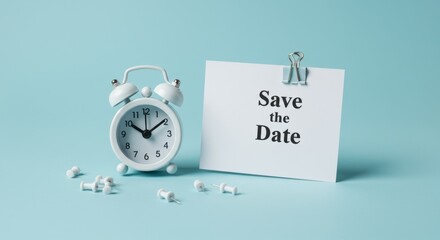 Elegant reminder of a special day featuring an alarm clock and save the date card