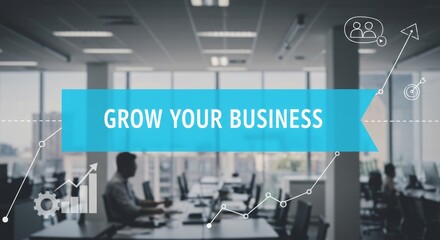 Modern office space promoting business growth with visual data analytics overlay