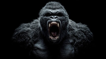 Powerful gorilla roaring fiercely with teeth bared, portrait on a stark black background