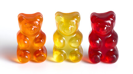 Three gummy bears in orange yellow and red colors sitting in a row on a white background