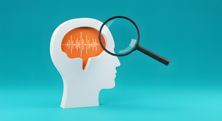 A brain shape made from paper and a magnifying glass on a light blue background