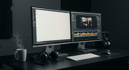 Digital editing workstation setup with dual monitors and timeline interface