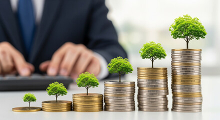 Stacks of coins arranged in ascending order with small green trees symbolizing sustainable economic growth