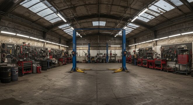 Well-Equipped Automobile Repair Shop with Car Lifts and Ample Tool Storage