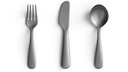 3D icon of a cutlery set in matte silver color on a white background, minimal design
