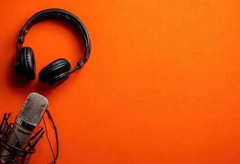 Black headphones and microphone on vibrant orange background