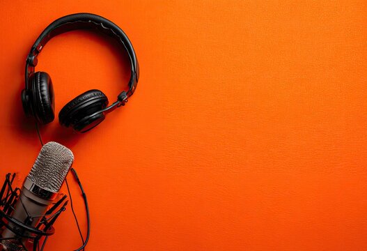 Black headphones and microphone on vibrant orange background - Powered by Adobe