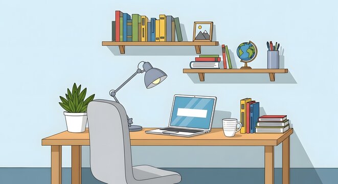 Illustration of a home office setup with a laptop on a wooden desk, shelves with books, and a chair.