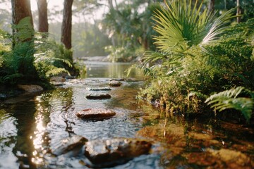 Serene Stream Flowing Through Lush Greenery with Smooth Stones, Reflections on Water, Ferns and Palm Fronds, a Peaceful Tropical Landscape at Dawn