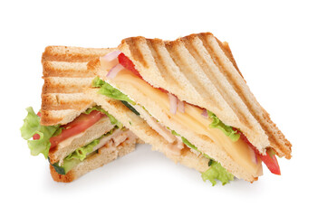 Yummy sandwiches with ham, cheese and vegetables isolated on white