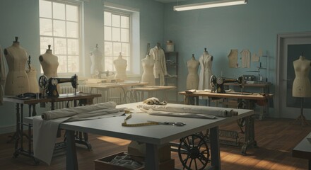 Bright tailor studio showcasing sewing machines, mannequins, and fabrics workshop