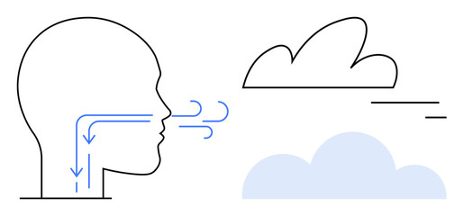 Human head in outline with arrows indicating airflow, positioned beside clouds representing air and environment. Ideal for health, respiration, lungs, anatomy, wellness, science, simple landing page