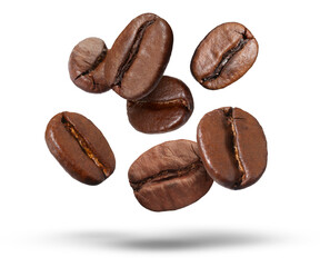 Roasted coffee beans falling against white background