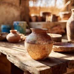 Rustic clay pottery displayed on a wooden table in a sunlit, historical interior setting with additional ceramic vessels in the background showcasing rich textures and colors