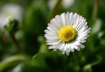 Obraz premium Close-up of a single, delicate white daisy. Soft focus on surrounding greenery