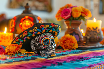 Day of the Dead Decoration Featuring Festive Skulls, Flowers, and Tablecloths in a Vibrant Mexican Cultural Display
