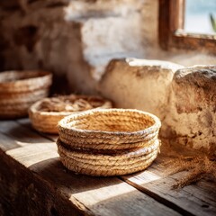 Obraz premium Rustic handmade woven baskets displayed on a wooden table with natural lighting, showcasing craftsmanship and organic materials in a cozy interior setting