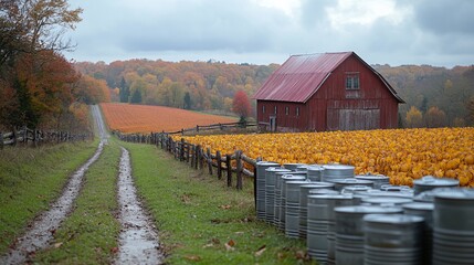 Autumn Farm Scene with Red Barn and Pumpkin Field