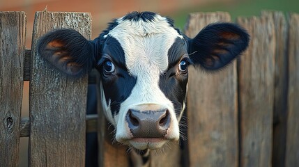 Close Up Of A Curious Young Cow Peeking Through A Wooden Fence