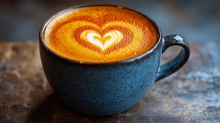 Closeup Of A Blue Mug Of Coffee Drink With Heart Shaped Foam