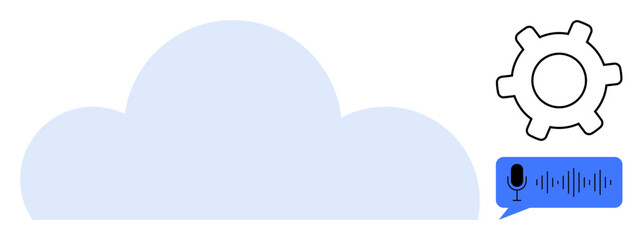 Large blue cloud, white gear, and microphone icon with sound waves. Ideal for cloud computing, AI development, voice control, technology interface, innovation, software systems digital