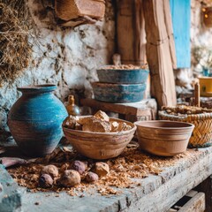 Rustic Kitchen Scene with Earthenware Pots, Wooden Bowls, and Natural Straw Background Creating a Cozy Farmhouse Atmosphere for Culinary or Home Decor Projects