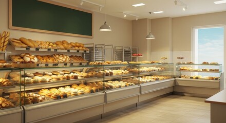 Bright bakery interior showcasing delectable breads pastries and chalk menu board