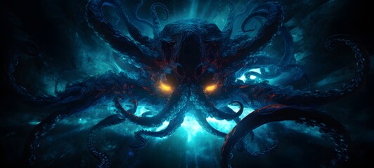 The black background contrasts sharply with the bright blue diamonds light emitted by Medusa kraken MONSTER,generative AI