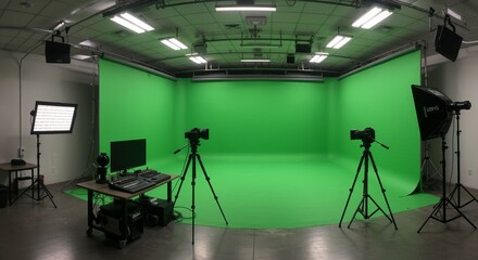 Professional chroma key studio setup with cameras, lights, and editing station