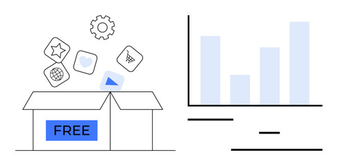 Open box labeled FREE with floating app icons, including stars, hearts, and shopping carts. Adjacent bar graph illustrating data trends. Ideal for marketing, apps, startup, technology data